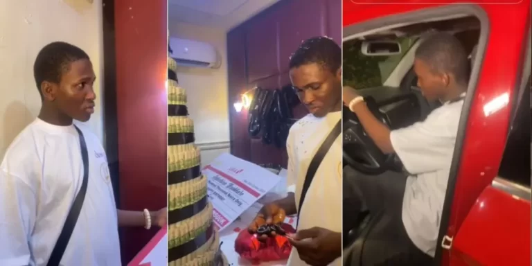 Nigerian lady surprises boyfriend with brand new car on his birthday, gifts him bouquet of money, N500k cheque & others (Video)