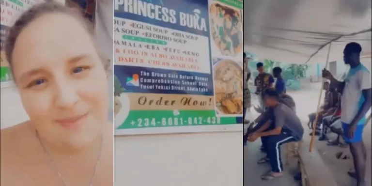 “She sabi am pass me self” – Oyinbo lady speaks Pidgin fluently as she opens new buka in Lagos, Nigerians storm shop (Video)