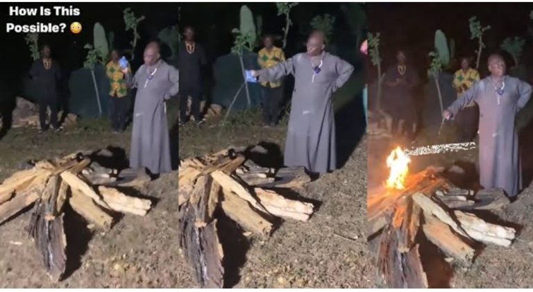 Local priest wows residents as he uses holy sachet water to ‘start fire’ in Ghana (Video)