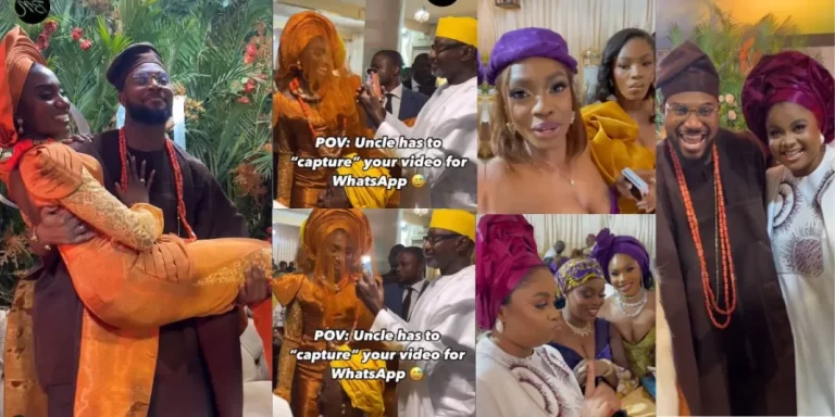 “This babe is big oh” – Reactions as billionaire Femi Otedola attends Remi’s star-studded wedding with Tiwi (Video)