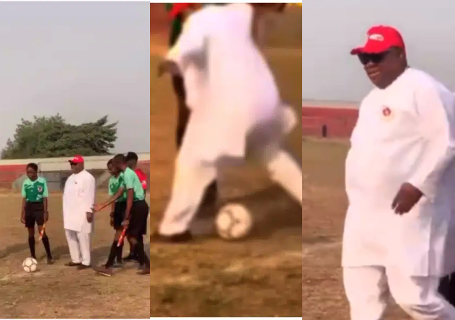 Video of Davido’s uncle, Ademola Adeleke, showing off football skills at stadium pops up online