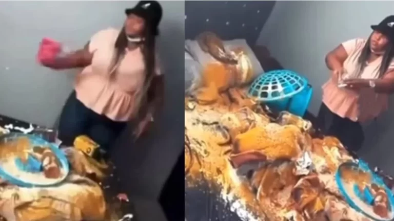 Lady destroys foodstuff in her boyfriend’s house after he dumped her (Video)