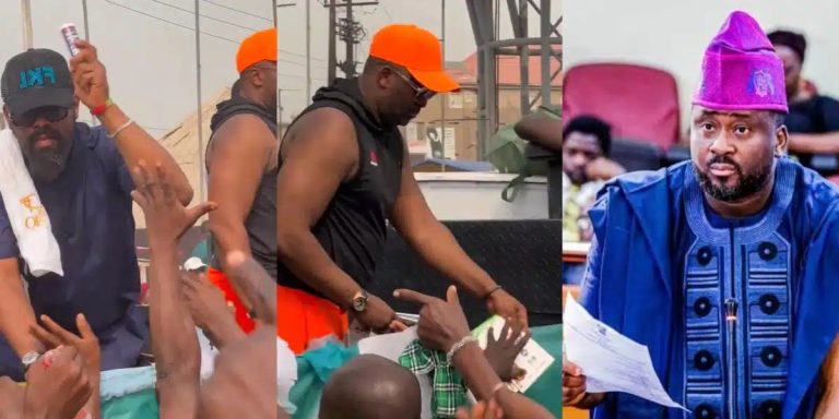 “Why? People dey hungry una dey share perfume” — Desmond Elliot slammed for sharing perfume on the streets of Lagos