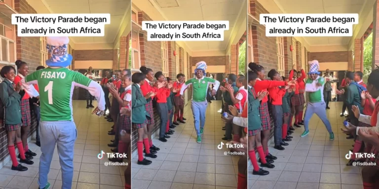 South African students welcome their Nigerian teacher with victory parade after Nigeria beat South Africa (Watch)