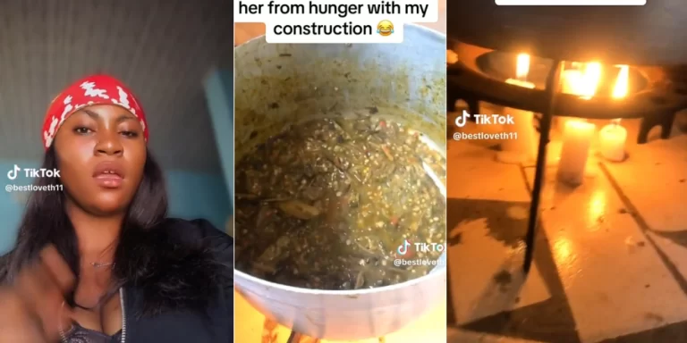 Nigerian lady causes stir as she uses candles to warm Okro soup after her cooking gas finishes (Video)