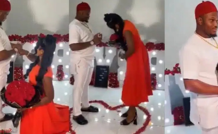 “Sisterhood is not proud of you” — Reactions as lady kneels to accepts her millionaire boyfriend’s proposal (Video)