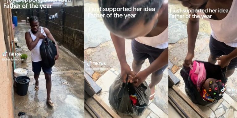 “Make police sha no catch you” – Man raises eyebrows as he carries little daughter in black nylon bag, protects her from rain (Video)