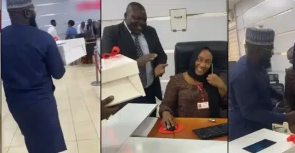 “Love is sweet o” – Amazing moment man storms bank to surprise his wife on her birthday