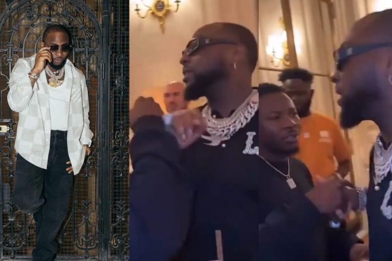 Reactions trail Davido’s unusual handshake with a man in black (Video)