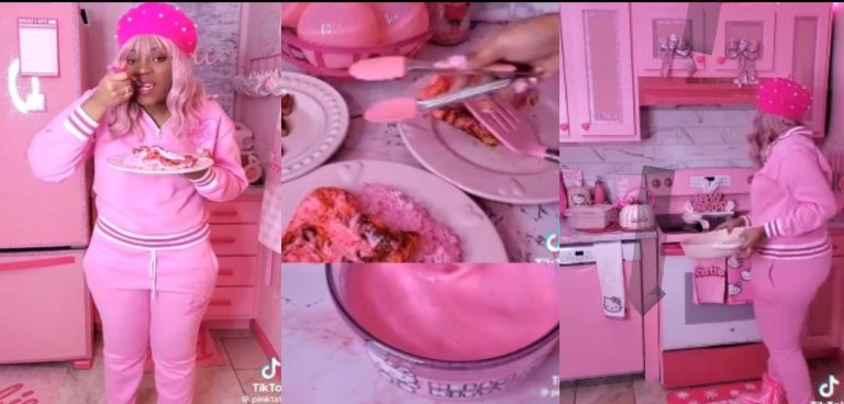 “This lady own pass DJ Cuppy” – Reactions as lady shares how she cooks pink food, displays her fridge, kitchen and house all in pink (Video)