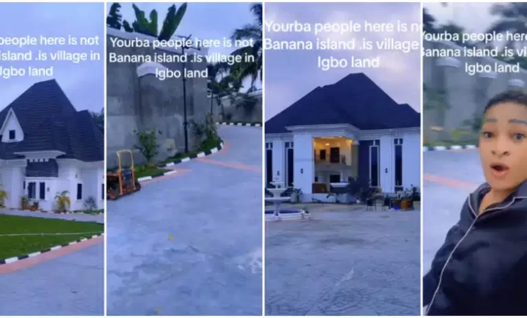 “This is not Banana Island” – Lady stuns many as she shows off multimillion-naira mansion estate in her village