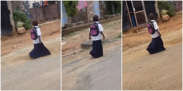 “She will wear it till SS3” – Video of primary school girl walking on the road in overflowing uniform causes buzz online