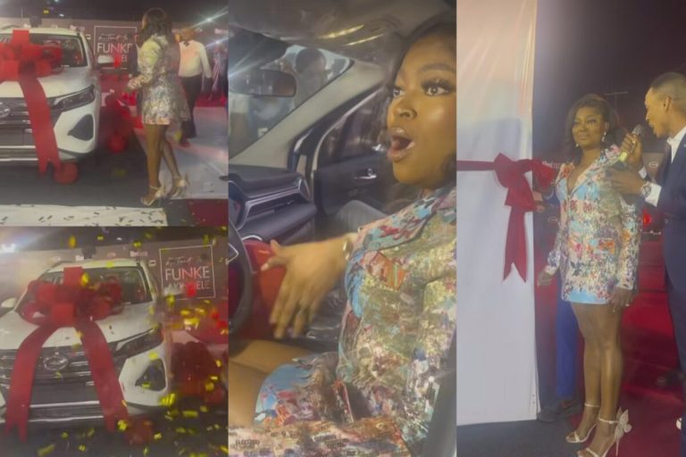 “Why would they dash a billionaire a car, the rich getting richer everyday” – Fans react as Funke Akindele receives brand new car at an event (Video)