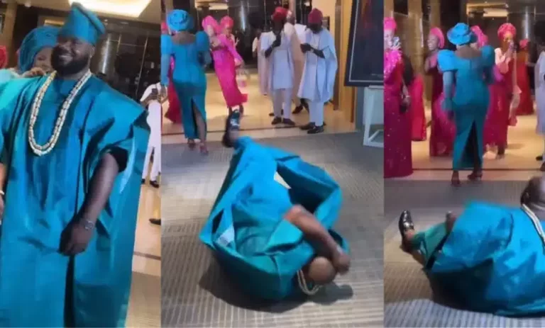 “People in love have come again” – Groom melts heart as he dramatically faints after seeing bride in wedding outfit