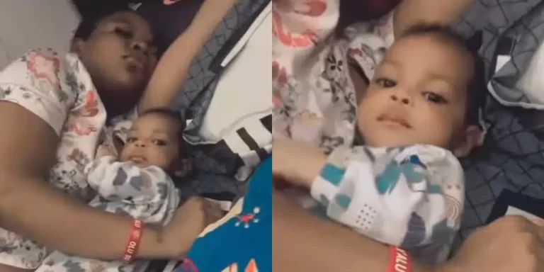 “You wan collect my wife from me” — Man rants as 3 month old son cuddles up with his mother