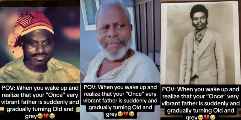 ‘The cycle of life, we the children are slowly getting old too’ – Lady shares shocking transformation of father’s youthful days to gray years (Video)