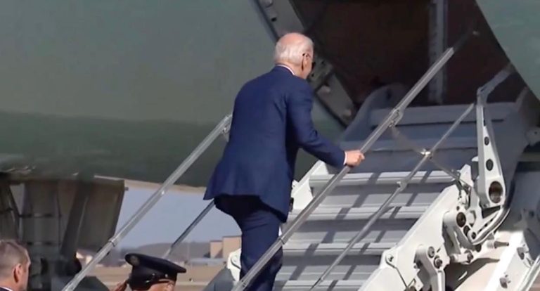Joe Biden stumbles twice while boarding Air Force One despite using short stairs to avoid tripping (video)