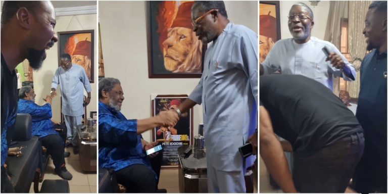 Renowned actor, Kanayo O Kanayo visits Pete Edochie in his home at Enugu, shares fun moments with him and son Linc Edochie (VIDEO)