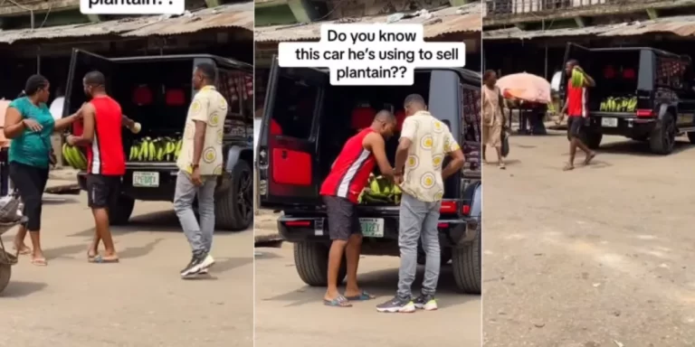 Nigerian man causes stirs as he uses his G-Wagon to sell plantain (Video)