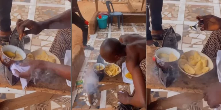 “Gas is now N1,500 per Kg” – Nigerian man fries plantain with local charcoal iron, video trends (Watch)