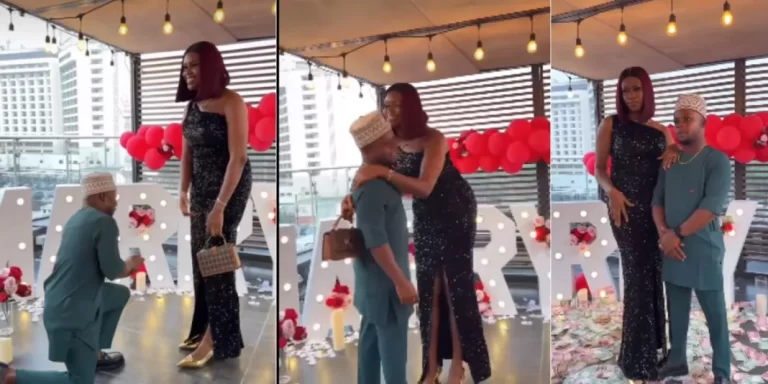 “Perfect combination” – Video trends as Nigerian man with small stature proposes to his tall beautiful lover (Watch)