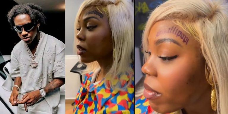 “Product of failed parenting” – Reactions as lady tattoos Shallipopi’s name on her forehead, video trends (Watch)