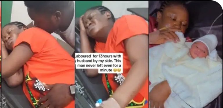“He never left my side for 1 minute” – Woman appreciates husband following 13 hours of labour (Video)