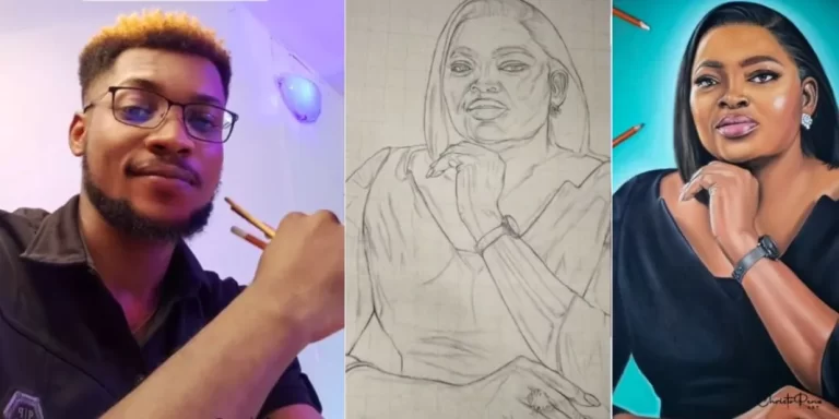 “I spent 72 hours on this piece” – Artist draws Funke Akindele with pencil and charcoal, prays she would like it (Video)