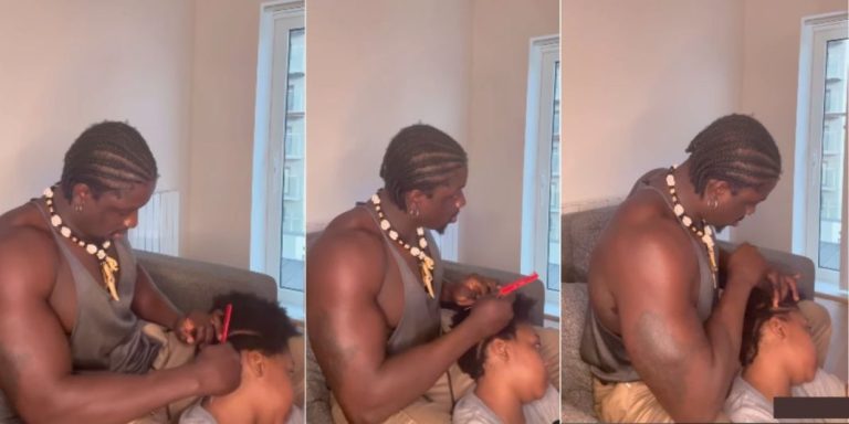 “I can survive anywhere, If you don’t have a handwork, try and learn something” – VeryDarkMan advises as he plaits lady’s hair in London (Video)