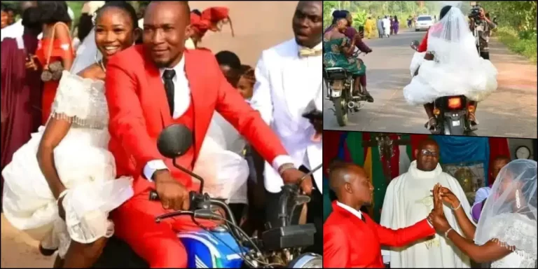 “I love the joy on the wife’s face, life no suppose hard” – Nigerians gushes over adorable moment bride and groom arrive church on a bike