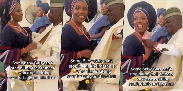 “Last billing” – Bride says as she stylishly collects money from father on traditional wedding day