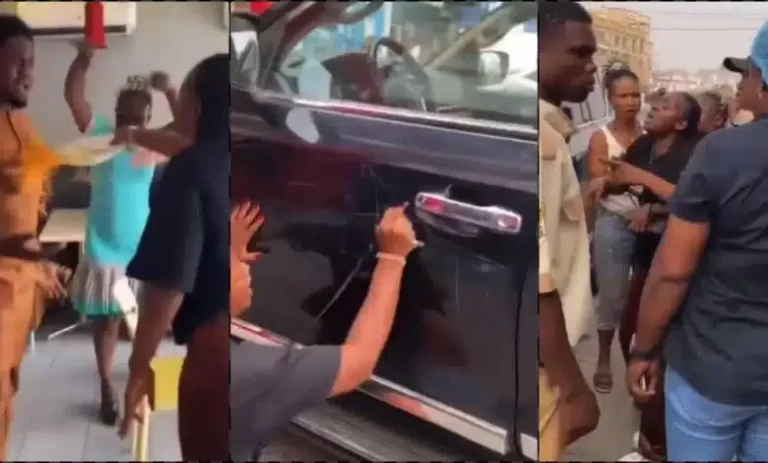 Nigerian lady damages her man’s expensive car after spotting him with another woman at a restaurant (Watch)