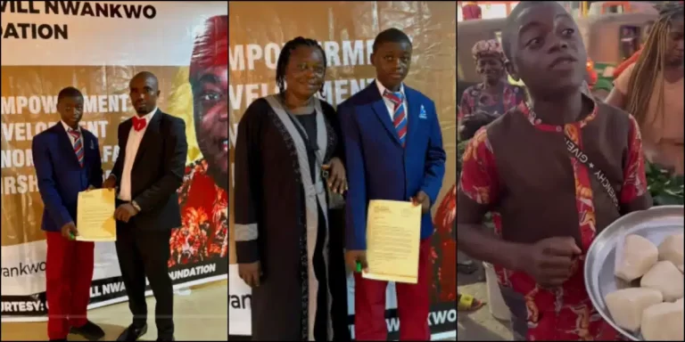 ”Congratulations” – Reaction as viral ex-hawker strikes pose with mom while receiving scholarship