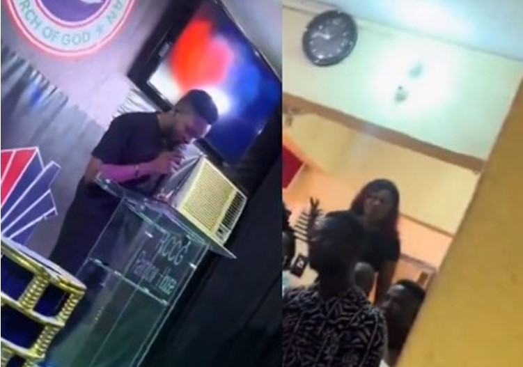 Drama as lady disrupts church service, accuses RCCG pastor of impregnating her (Video)