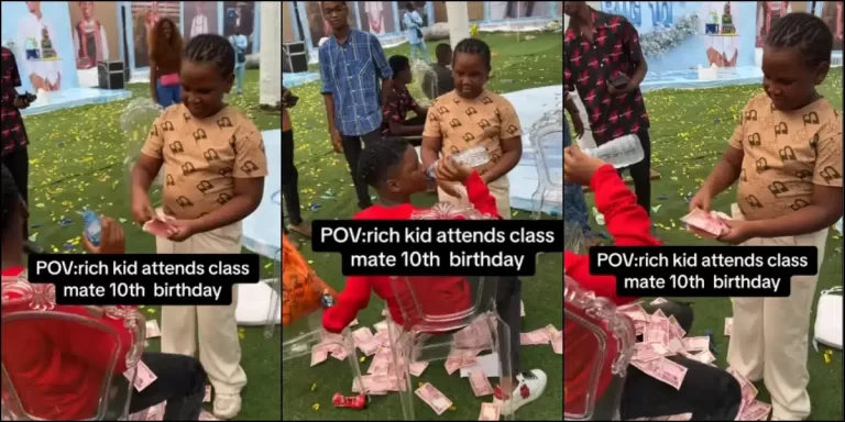 “I will never be poor in this life” – Mixed reactions as rich kid makes it rain money on classmate on his 10th birthday