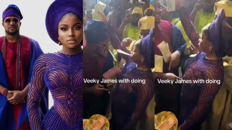 “She’s a baller” – Veekee James sprays money on her husband on their traditional wedding day
