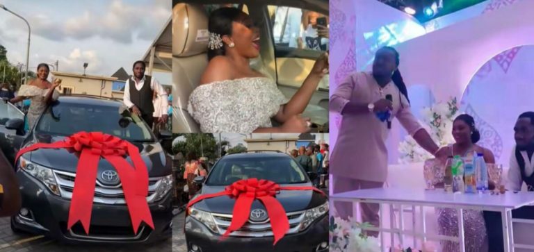 Bride celebrates as brother gifts her new car on wedding day