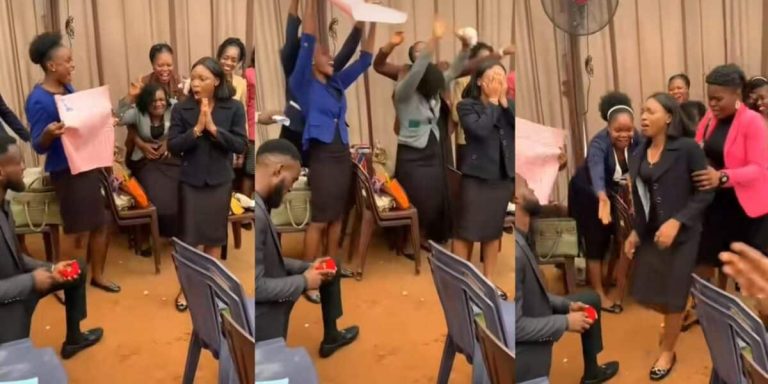 “Congratulations! This is so sweet I tap from it” – Reaction as man proposes to girlfriend in Church