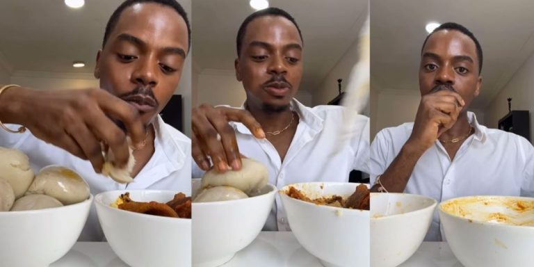 “God have mercy” – IG influencer Enioluwa stirs reactions as he consumes 100 bowls of Fufu and big plate of soup in one spot (Video)