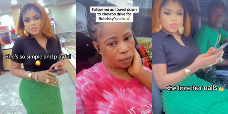 “She’s beautiful and friendly” – Lady gushes over Bobrisky’s beauty as she goes to his house to fix his nails (Video)