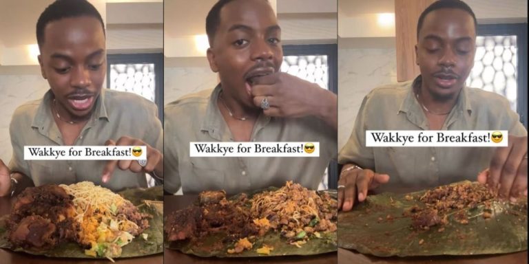 “Which kind food be this” – Influencer Enioluwa stirs reactions as he devours the hardest Ghanaian meal (Video)