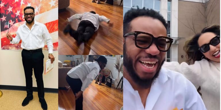 Former Nigerian singer, Lamboginny rolls on the floor, dances excitedly as he becomes a US citizen (Video)