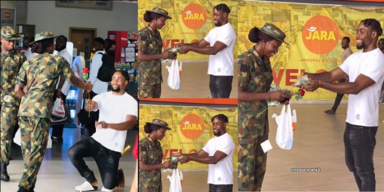 “If na police, she go pick am” – Moment man surprises a female soldier with flower and money at the mall, video trends (Watch)