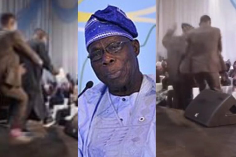 Moment 87-yr old former President, Olusegun Obasanjo, jumped down the stage at an event (video)