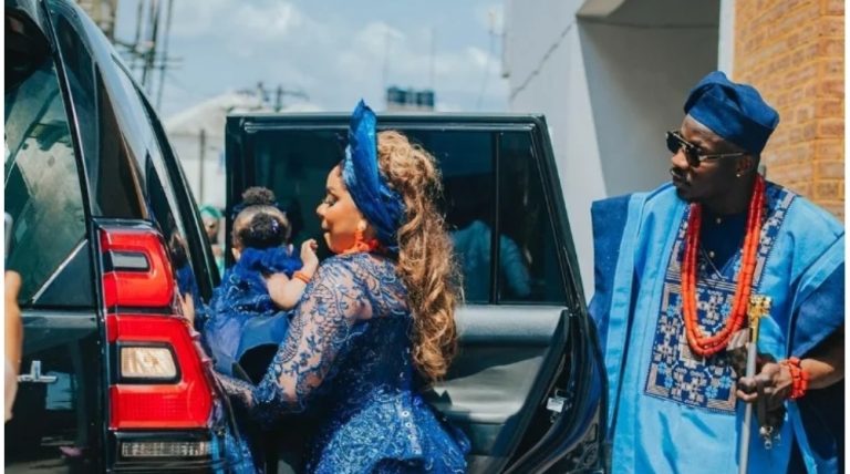 “My husband paid in full and extra” – Queen Mercy says as she and her daughter with Lord Lamba go home with her husband (photos)