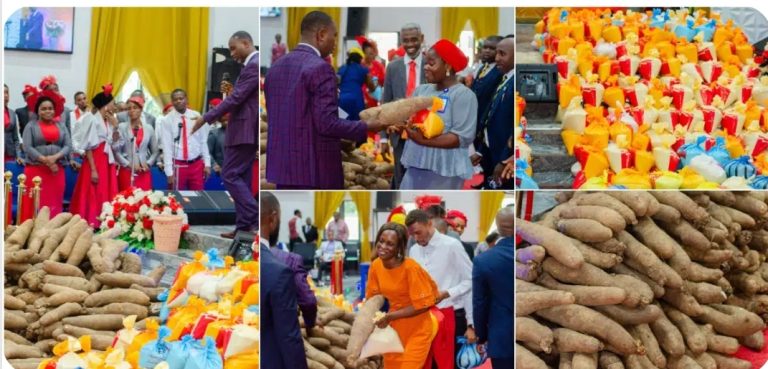 “This is how the Church should be doing it, thank you sir” – Pastor distributes bags of rice and yams to members after church service