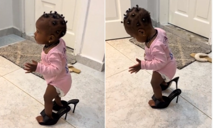 “Why do they like wearing bigger shoes?” – Little girl causes buzz online as she’s seen slaying in her mum’s oversized high heels