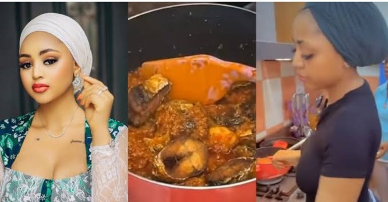 “Why does the food look poor?” – Nigerians react to video of Regina Daniels cooking for her family