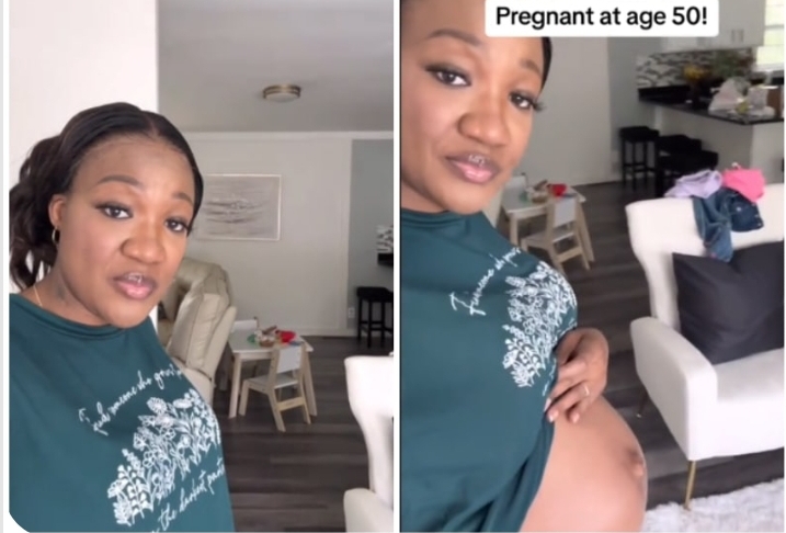 “Pregnant at 50” – Woman celebrates as she expects baby boy after 4 girls (Video)