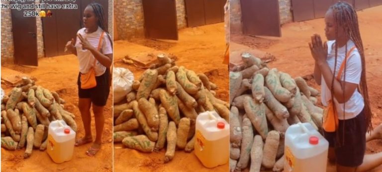 “Apply wisdom” – Smart lady uses N250k given to her for wig to buy yams for her roadside business (Video)